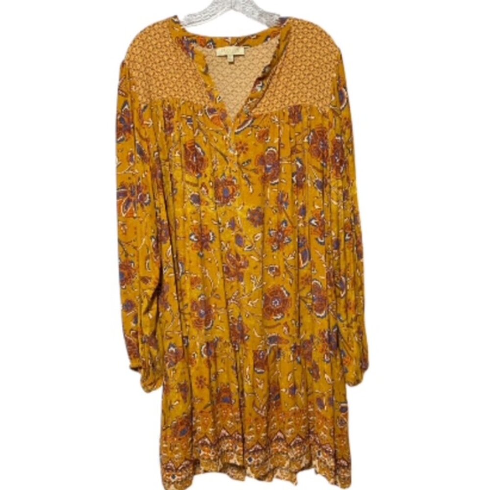 Farmers Market Large Long Sleeve Mustard Gold Printed BOHO Dress EUC